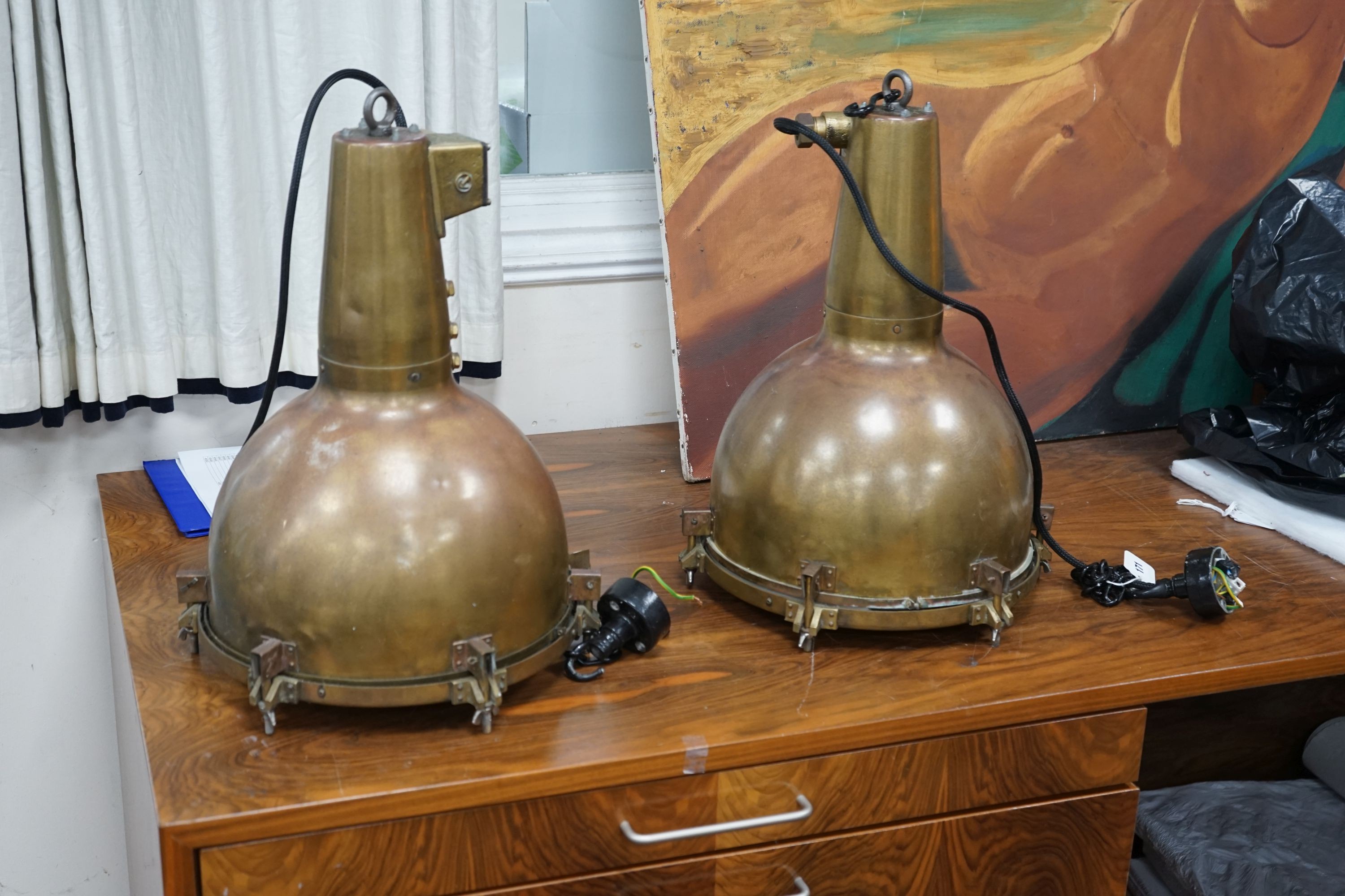 A pair of vintage industrial copper and brass ceiling lights, ex Japanese ship. Height 48 cms.